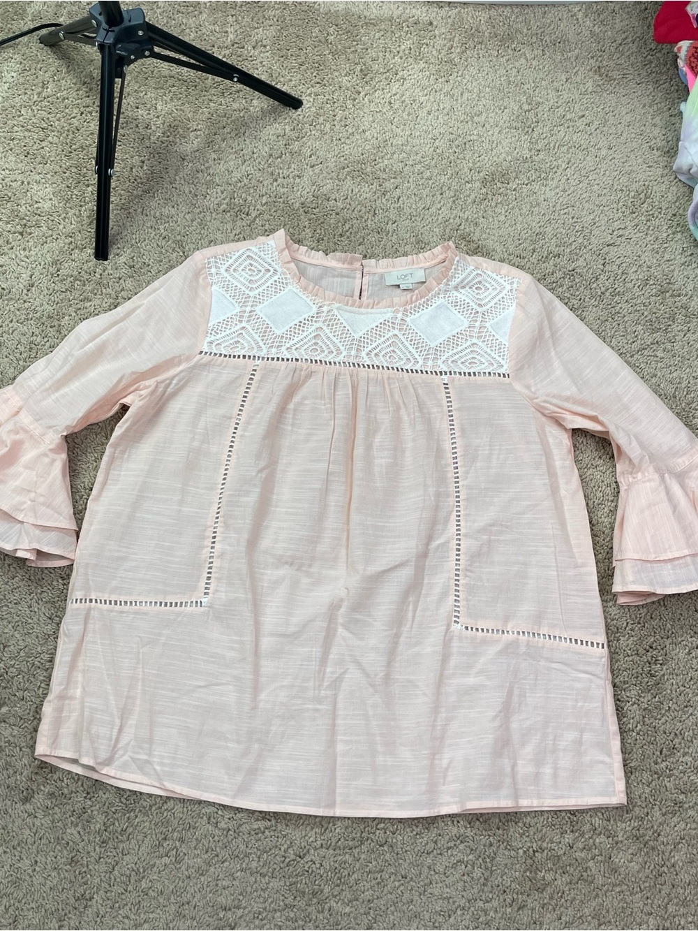 Loft Women’s Pale Pink Eyelet Yoke Peasant‎ Top